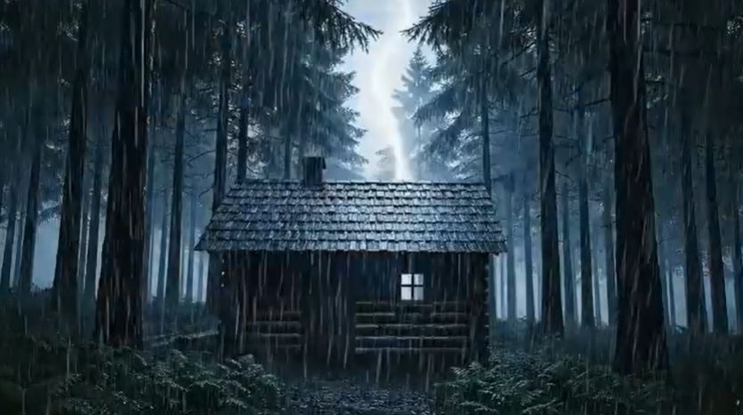 Prompt Video Ai Hujan dan Petir Pemandangan Rumah Gubuk di Tengah Hutan